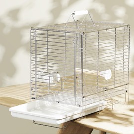 YOOSO WING Bird Carrier Travel Cage - Stainless Steel Portable Folding Bird Cage with Parrot Feeder Cups & Standing Perch for Parrots Conures Lovebird Cockatiel Parakeets (White)