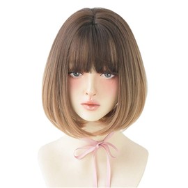 Full Wig, Gradient Wig, Full Wig, Mesh, Bob, Cut, Short, 3D Gradation, Hair Arrangement, Neckline Bob Curl (Cafe Brown Milk Tea Grade)