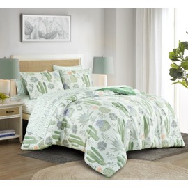 Chezmoi Collection Gregory 7-Piece Serene Lodge Bed in a Bag Full Comforter Set - Green Blue Cactus Succulent Plant Printed Microfiber Bedding Set