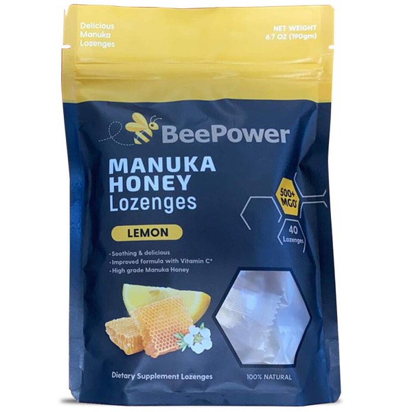 BeePower All Natural Manuka Honey Lozenges | Contains 40 Lozenges 6.7 Oz MGO 500+ (Lemon Flavor)