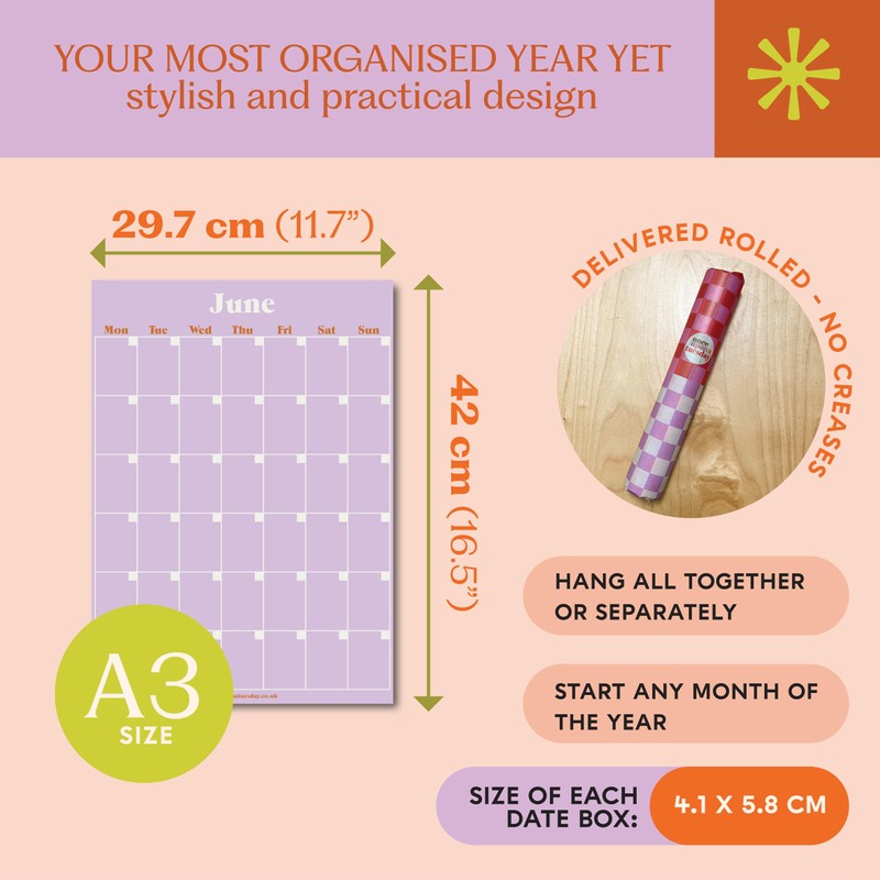 12x A3 Extra Large Pastel Wall Planner - Undated, 12