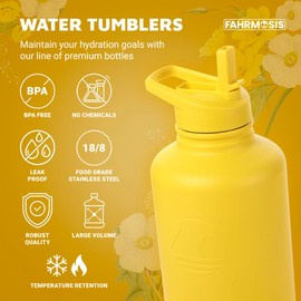 FAHRMOSIS 64 Oz Water Bottle with Straw Stainless Steel Sports Water Bottle with 3 Lids (Straw, Chug and Flip Lid) Leak Proof Metal Half Gallon Jug for Men & Women - Yellow