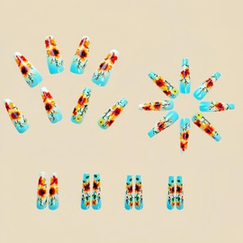 Yellow Flower Press on Nails Long Coffin Shaped Fake Nails Spring Glue on Nails Blue Gradient Stick on Nails Glossy Full Cover Acrylic False Nails Reusable Artificial Nails Kit for Women Girls 24Pcs
