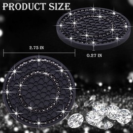 MEAJOO 2PCS Bling Crystal Rhinestone Cup Holder Coaster, 2.75 inch Soft Silicone Anti-Slip Shockproof, Car Cup Holder Insert Coasters, Universal Car Interior Accessories for Women (Black)