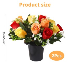 JOAASU Artificial Flowers For Graves, 2pcs Grave Flower In Pot, Artificial Grave Flowers Pots, 12 Head, Artificial Flower for Cemetery, Memorial, Christmas Decorations (Red,Orange, Yellow)