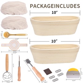 premium 10-inch banneton bread proofing basket set - two indonesian rattan weave with, dough mixer, sourdough starter kit & baking mat - perfect for home bakers & sourdough bread (Oval, 10 Inch)