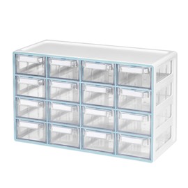 Blue Ginkgo Medium 16-Drawer Cabinet – Stackable Clear Organizer for Hardware, Beads, Plastic Bricks, Office, and Craft Storage (Made in Korea, Blue)