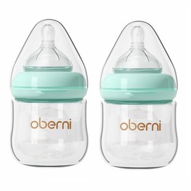 Oberni Glass Baby Bottles,Anti Colic Breastfeeding Bottle with Natural Response Nipple Size S,Wide Neck Slow Flow Baby Bottle for Baby,Newborn,Preemie 0-3 0-6 Month,BPA Free (Blue, 2 Pack, 4 Ounce)