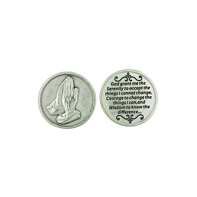 Praying Hands Pocket Token Silver Tone Devotional with Serenity Prayer