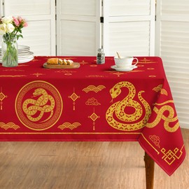 Horaldaily Newyear Tablecloth 52×70 Inch Rectangular, Chinese Snake Lunar New Year Red Washable Table Cover for Party Picnic Dinner Decor