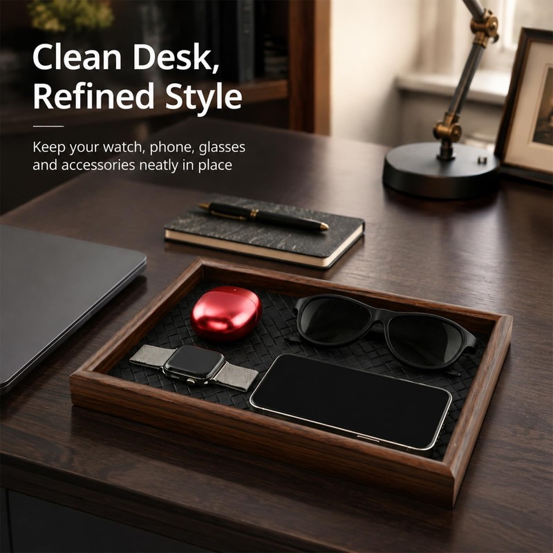 Wooden Valet Tray, 12X8 Inch Desk Organizer with Leather Base,