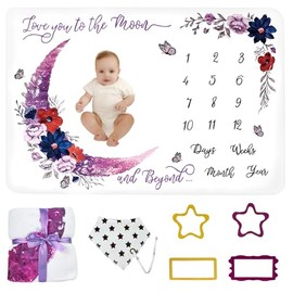 wocharm Baby Milestone Mat Blanket photo prop with floral numbers Newborn Boy Girl Gift(Purple Moon)