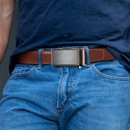 DOOPAI Men's Automatic Leather Belt with Ratchet for Business Suit, 35 mm Wide, Size Adjustable, No Holes, 07 Brown Belt De
