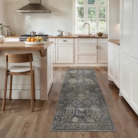Bavni Kitchen Rug 2x5 Runner Rugs for Hallways Entryway, Washable Vintage Print Carpet, Ultra-Thin Chenille Low Pile Lightweight Rug with Non Slip Backing, Dark