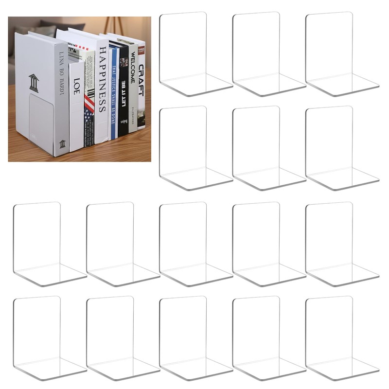 16Pcs Bookends, Clear Acrylic Bookends for Shelves, Non-Slip Book Holder