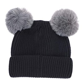 LONTG Cute Baby Girls Boys Beanie Hat Double Faux Fur Pom Pom Hat Bobble Hat Warm Crochet Knitted Hat Thermal Skull Hat Cap Skiing Hat for Newborn Infant Kids Toddler 1-5 Years Old Black