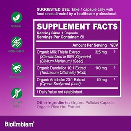 BioEmblem BioEmblem USDA Organic Liver Cleanse - 80% Silymarin Milk Thistle Extract for Liver Health and Liver Function with Dandelion & Artichoke Extracts - 100% Vegan, Non-GMO - Herbal Liver - 60 Capsules