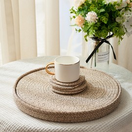 Woven Cotton Rope Round Placemats Set of 9 Pcs with Holder Included, Handmade Boho Woven 13" Placemats&4.3" Coasters,Non-Slip and Heat Resistant for Your Perfect Table Decor(Brown&White)