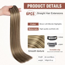 FLUFYMOOZ 6PC Clip in Hair Extensions 24" Straight Long Extensions for Women Synthetic Hairpiece (Brown with Blonde Highlights)