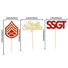 SSGT - 24 piezas de decoración para magdalenas con purpurina militar y emblema de purpurina para decoración de tartas con temática militar del ejército, suministros de fiesta de cumpleaños, color rojo y dorado