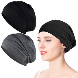 XCOZU 2 Pack Sleep Cap, Satin Bonnet Silk Hair Bonnet, Night Cap Slouchy Breathable Headwear Curly Hair Satin Lined Beanie Chemo Cap Silk Lined Hat for Men/Women(Black, Grey)
