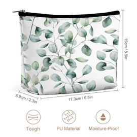 Women PU Leather Cosmetic Bag, Toiletry Storage 6.8x5.9x2.3 in Zipper Pouch Handbag Makeup Case Purse Holder Organizer Print Seamless Watercolor Green Eucalyptus Branches with Leaves on White