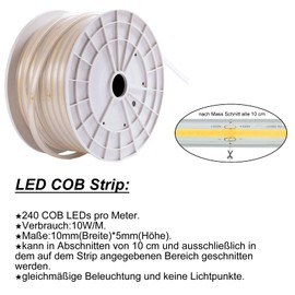 H+H Leipzig LED COB Strip (Can be Separated Every 10 cm) + IP20 Power Cable with Euro Plug (02 Metres, Neutral White, 240LEDs/M, with Switch)