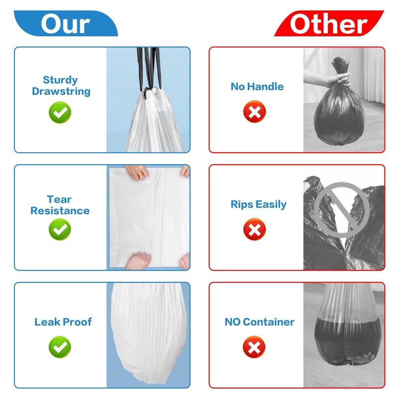120 Count 1.6 Gallon Drawstring Trash Bags, White Unscented Small