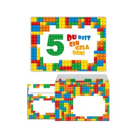 12 Invitation Cards with 12 Envelopes for 5th Children's Birthday Party Invitation for Boys Building Blocks