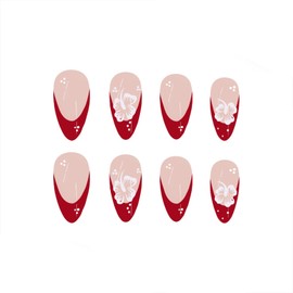 SINHOT Almond Press on Nails Medium - White Flower & Red French Tip Stiletto Nail Art, DIY Fake Nails with Glossy Glue on Nails, 24Pcs