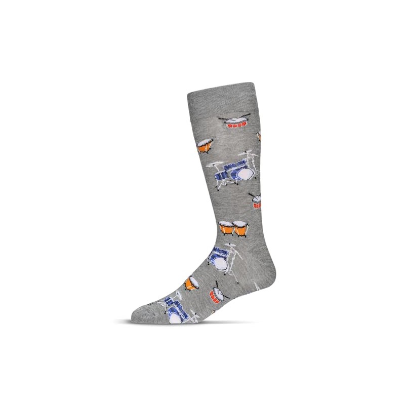 MeMoi Men's Embroidered Drums Rayon Crew Socks Med Gray Heather