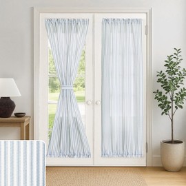 French Door Curtain Panel for Double Door Window Covering,Striped Linen Sheer Privacy Rod Pocket Coastal Grand Millenial Farmhouse Sliding Patio Door Shades 25x72 inches Long Dusty Light Blue