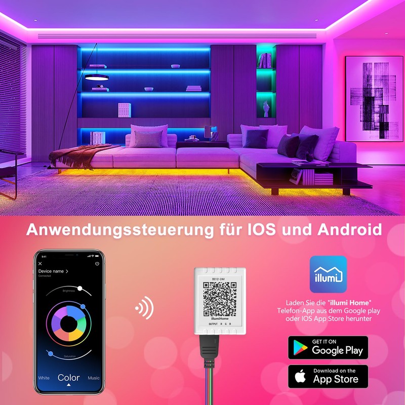 LED strip 15 m, RGB LED strip, music synchronisation, colour