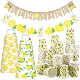 Newtay 104 Pcs Lemonade Stand Party Supplies 100 Lemon Party 9oz Paper Cups 2 Burlap Paper Lemonade Banner 2 Kids Apron with Pockets Adjustable Strap for Summer Lemon Stand Birthday Baby Shower Decor
