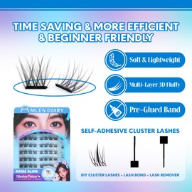 Self Adhesive Lash Clusters DIY Eyelash Extensions C Curl Natural 56Pcs Pre-Glued Cluster Lashes 10-12MM No Glue Individual Lashes Self Application at Home(Meme Blink)
