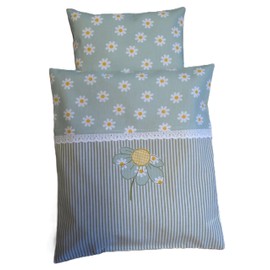 Handgefertigte Puppenbettwäsche, verschiedene Farbkombination,Floral-Streifen Design mit Stickerei (Apfel)