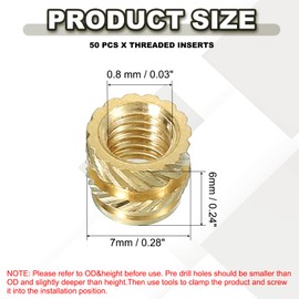 PATIKIL M5 Threaded Inserts M5x6x7mm, 50 Pcs Brass Heat Set Insert Female Threaded Inserts Metric Knurled Nuts Embedment Nut for Plastic and 3D Printing Components, Gold