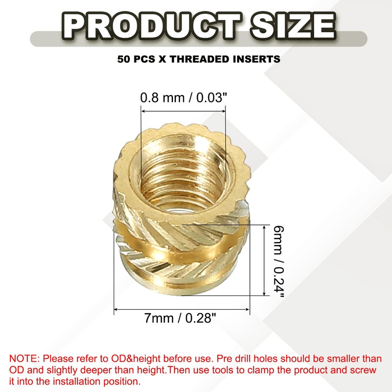 PATIKIL M5 Threaded Inserts M5x6x7mm, 50 Pcs Brass Heat Set