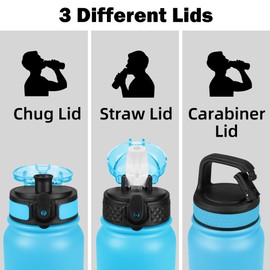 OLDLEY Insulated Water Bottle 20oz Water Bottles with Straw, Stainless Steel Water Bottle with 3 Lids, Double Wall Vacuum Bottles for Adult Kids, Sports Bottles for School Travel,Blue