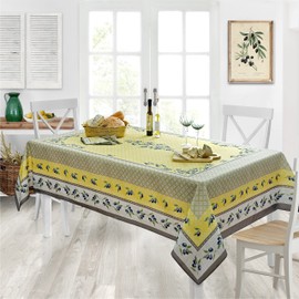Home Bargains Plus Rectangle Fabric Tablecloth, 60 x 102 Inch, Olivier Yellow and Grey Olive Print, Stain and Water Resistant Fabric Table Cloth, Provence French Country