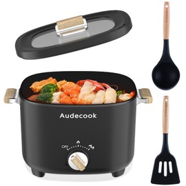 Audecook Hot Pot Electric, 2.5L Portable Nonstick Multicooker for 1-3 Persons, Honeycomb Texture Travel Electric Skillet with Dual Power Temperature Control for Steak/Egg/Noodles/Oatmeal (Black)