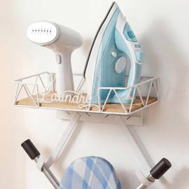 PERFNIQUE Ironing Board Holder, Iron Board Wall Mount, Ironing Board Hanger, Laundry Room Organization with Removable Hooks(T&V Shaped), Wooden Base Basket, Laundry Room Decor(Laundry, White)