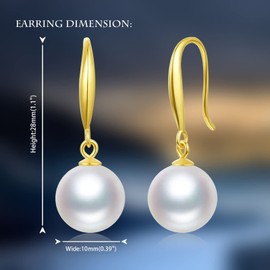 JAXXEL White Pearl Earrings for Women,Fishhook Pearl Drop Earrings 18K Gold Plated Hypoallergenic Earrings Pearl Drop Earrings Fine Jewelry for Women Size 10MM