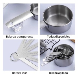 Cucharas Medidoras y Tazas medidoras, Acero Inoxidable, Juego de 13 Tazas y Cuchara Medidora Graduadas de Precisión Apilables, Cucharas Medidoras de Cocina para Sólidos Líquidos y Polvos