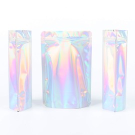QQ Studio 100 Double-Sided Rainbow Holographic Stand Up Resealable Packaging Bags for Beauty Supplies and Makeup (18x26cm (7.1x10.2"), Silver Holographic)