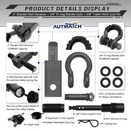 AUTMATCH Shackle Hitch Receiver 2 Inch - 3/4" D Ring Shackle and 5/8" Trailer Hitch Lock Pin, 45,000 Lbs Break Strength Heavy Duty Receiver Towing Kit for Off-Road Vehicle Recovery, Grainstone