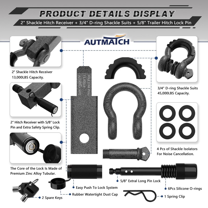 AUTMATCH Shackle Hitch Receiver 2 Inch - 3/4" D Ring