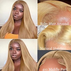Weeybay Real Hair Wig, Straight Human Hair Wig, Glueless Wear and Go, 4 x 1 Lace Closure Wigs for Women, with Baby Hair, Honey Blonde, Colour Bleached Knot for Woman, 71 cm