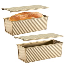 CURTA Commercial Pullman Loaf Pan with Lid 2.2 lb Dough Capacity Non-Stick Bakeware for Baking Bread Corrugated Bread Toast Box Mold extra large loaf pan Champagne Gold 2pcs