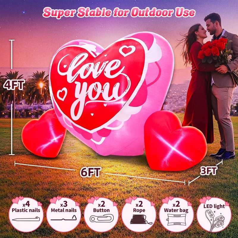 KOOY 6FT Long Valentine Inflatables Outdoor Decorations Heart Inflatable with